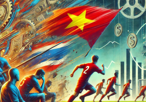 Hình ảnh đội tuyển Việt Nam ăn mừng chiến thắng trước Thái Lan trong trận chung kết, kết hợp hình ảnh ẩn dụ về thách thức kinh tế Thái Lan với các biểu tượng như đồng tiền vỡ và bánh răng công nghiệp.